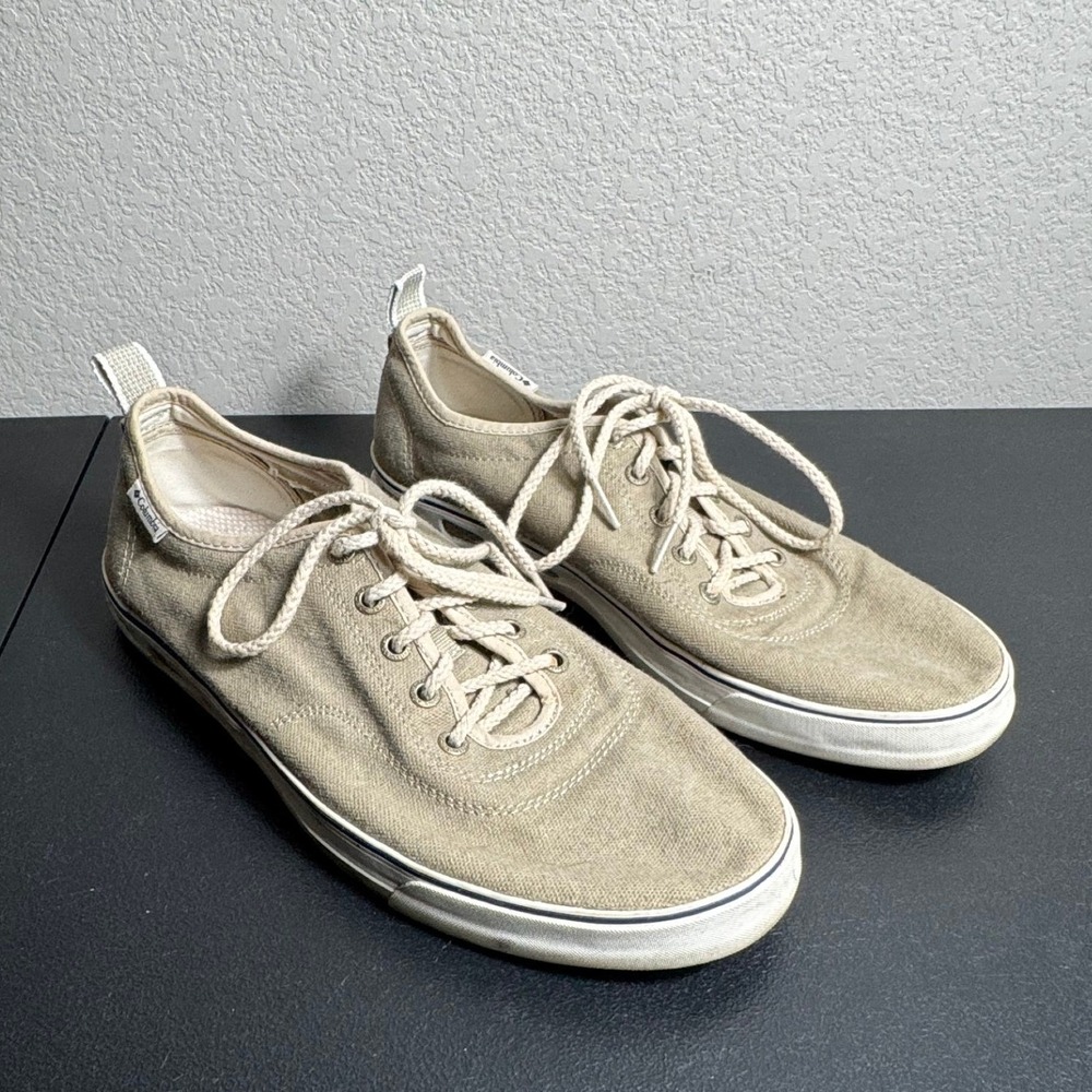Columbia PFG Bahama Vent Mens 10.5 Tan Canvas Boat Shoes Sneakers Low Top Khaki